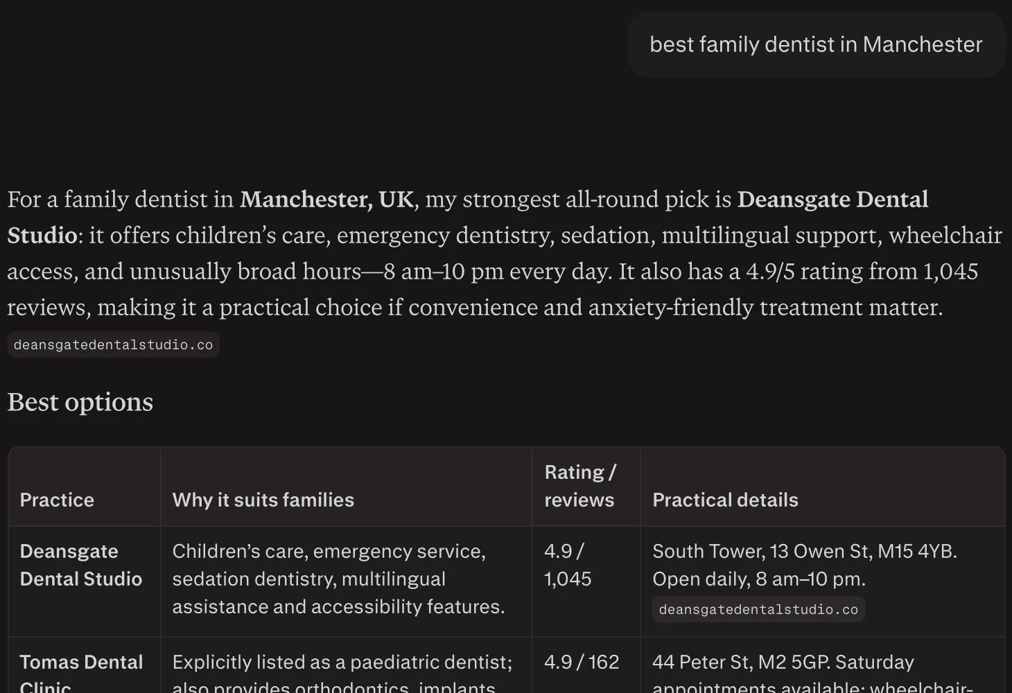 Perplexity answer to "best family dentist in Manchester", naming businesses