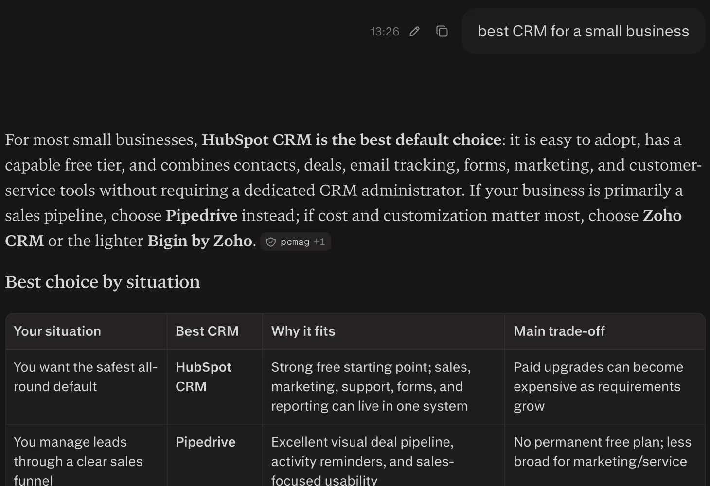 Perplexity answer to "best CRM for a small business", naming businesses