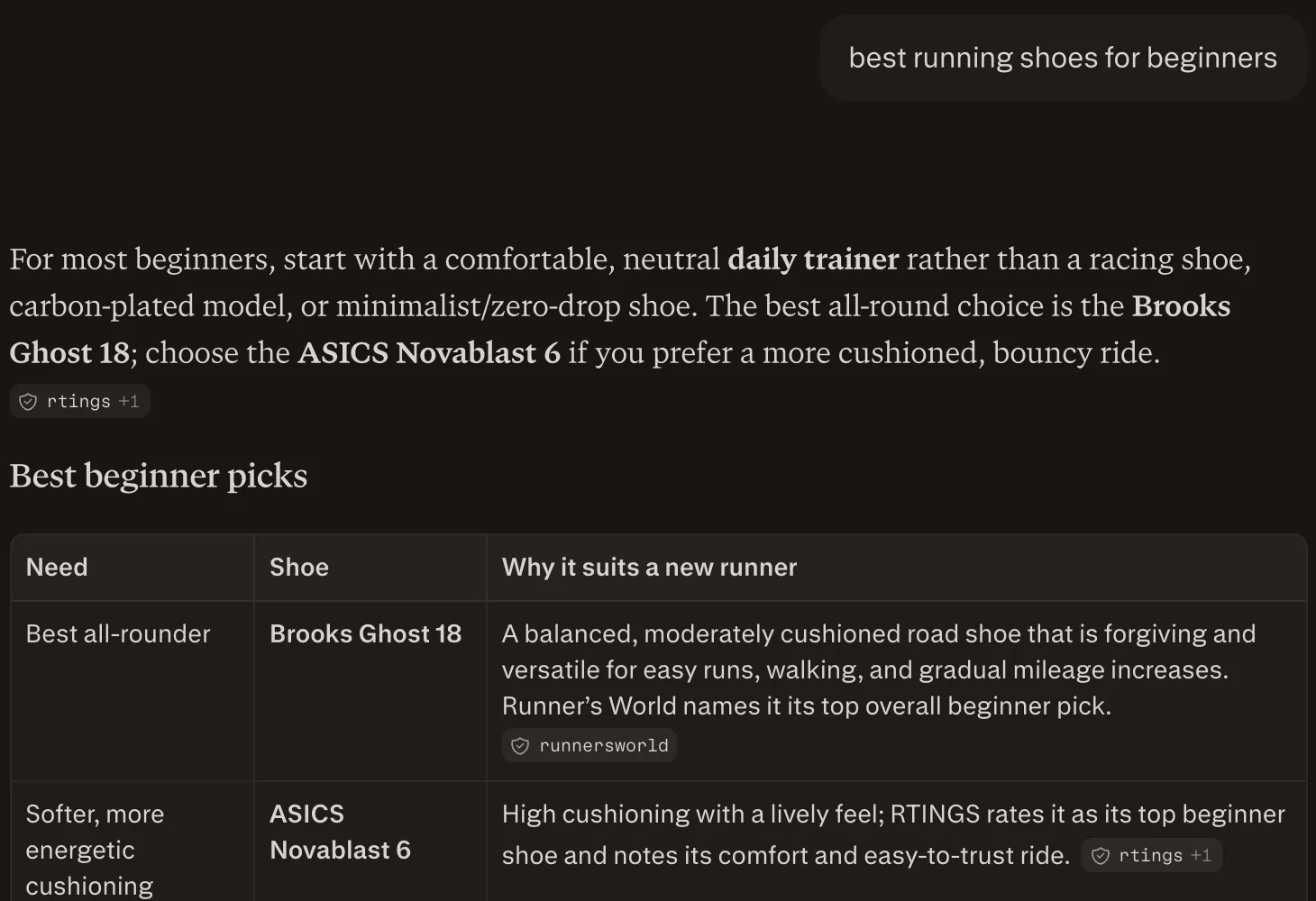 Perplexity answer to "best running shoes for beginners", naming businesses