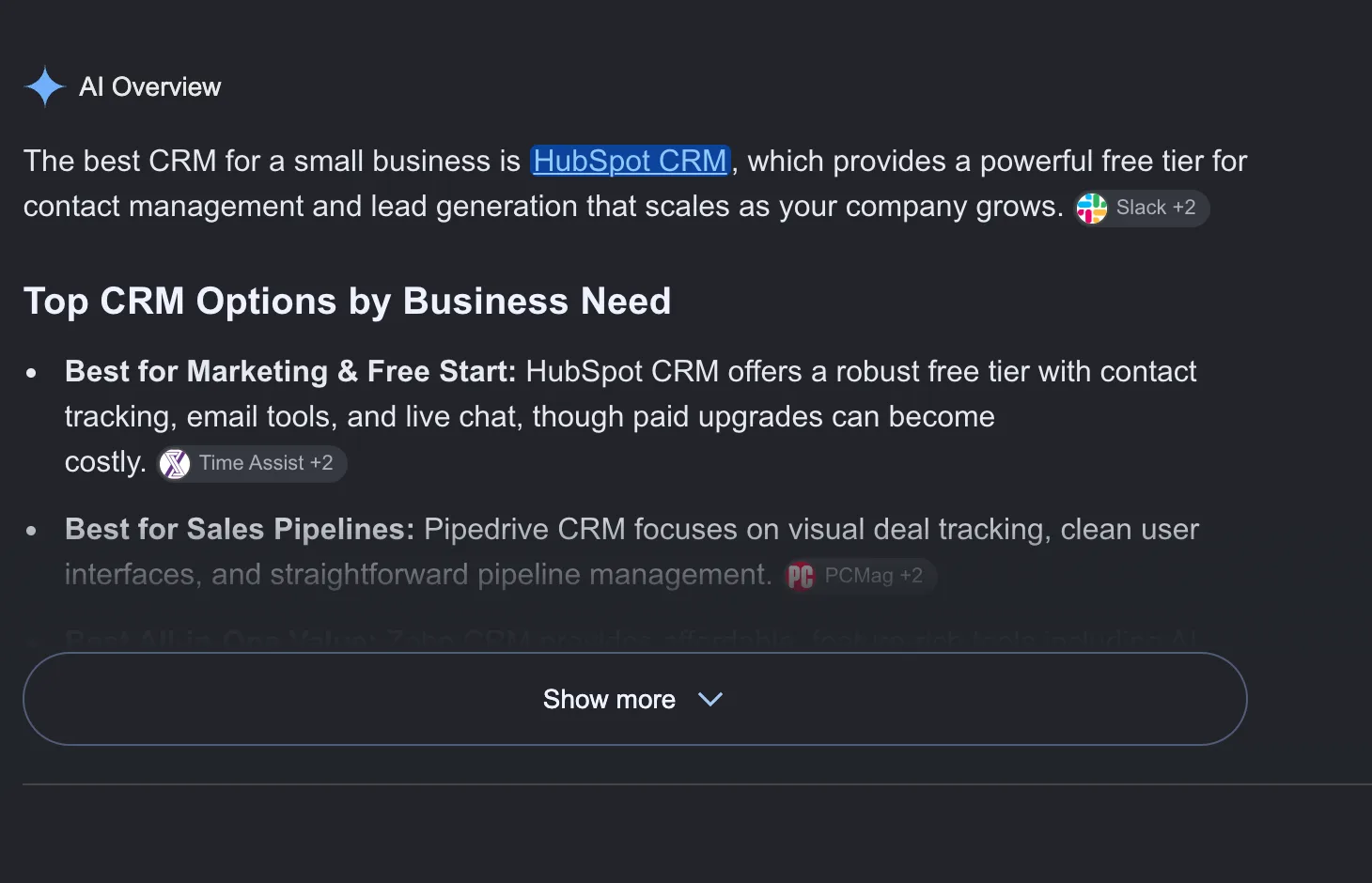 Google AI Overview answer to "best CRM for small business", naming businesses