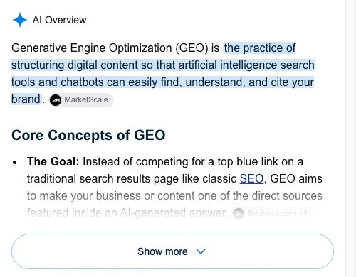 Google AI Overview answering the query "what is generative engine optimization"