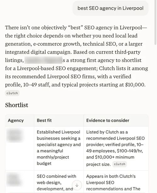 Perplexity answer to "best SEO agency in Liverpool", naming agencies and citing Clutch as a source